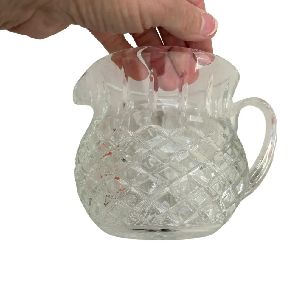 Vintage Clear Pressed Glass Creamer Pitcher Diamond Point Starburst Base 3.75in
